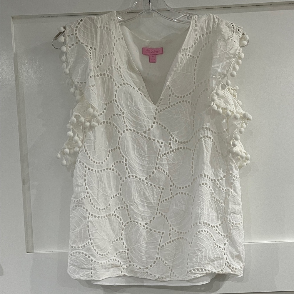 Lilly Pulitzer Astra Top - Palm Tree Lace White Eyelet Blouse with Pom-Pom Trim